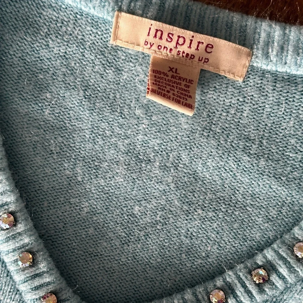 Blue V-Neck Sweater with Embellished Neckline - Picture 2 of 3